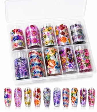 NADECO Floral Nail Art Transfer Foil Set – 10 Assorted Designs -1