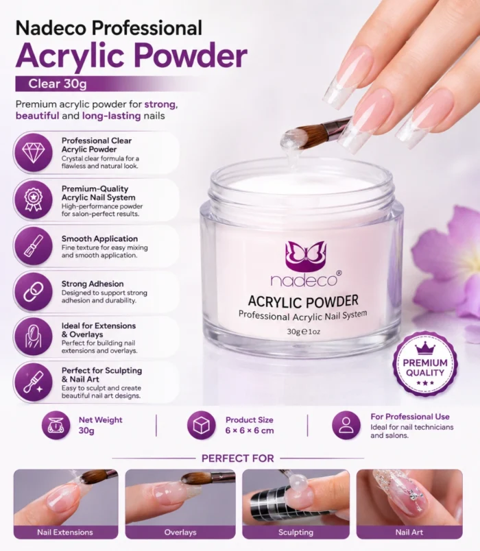 Nadeco Professional Acrylic Powder – Clear 30g - Key Features Nadeco Professional Acrylic Powder – Clear 30g - Key Features