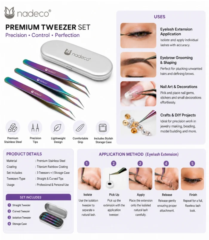 Nadeco 3 Pcs Precision Tweezers Set with Metal Case - 2 Nadeco 3 Pcs Precision Tweezers Set with Metal Case - 2