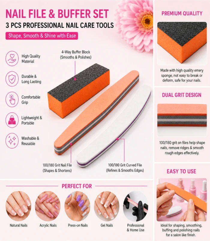 Nadeco Professional 3 Pcs Nail Buffer & Nail File Set - 3 Nadeco Professional 3 Pcs Nail Buffer & Nail File Set - 3