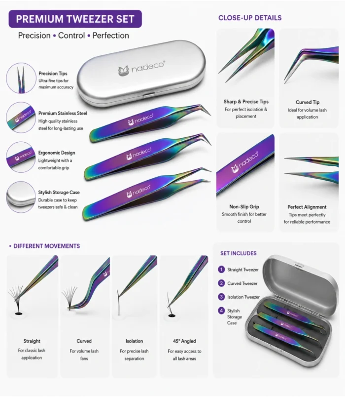 Nadeco 3 Pcs Precision Tweezers Set with Metal Case - 3 Nadeco 3 Pcs Precision Tweezers Set with Metal Case - 3