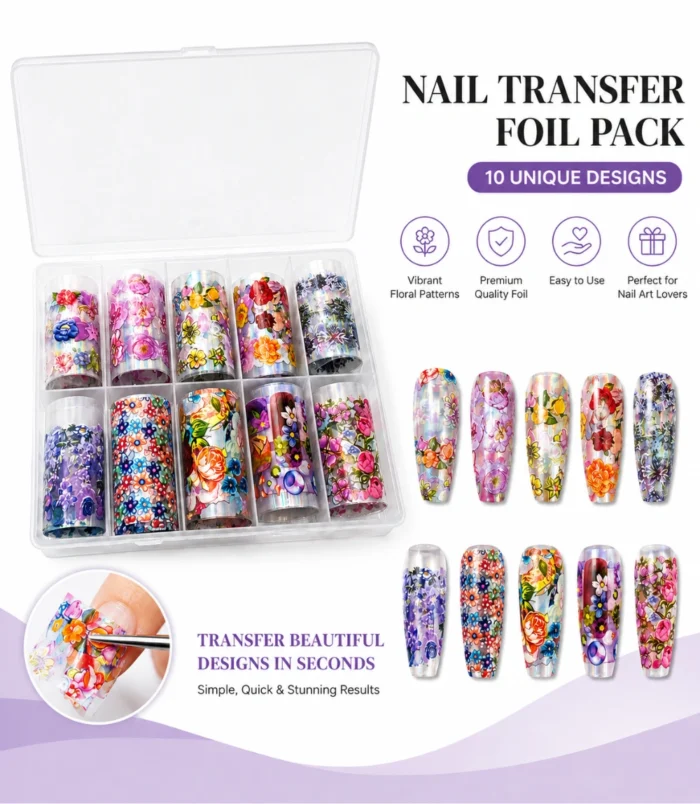 NADECO Floral Nail Art Transfer Foil Set – 10 Assorted Designs -3