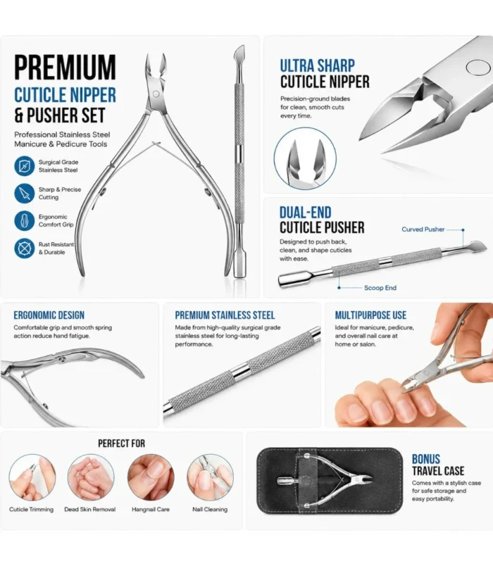 nadeco Stainless Steel Cuticle Nipper and Pusher Set, Professional Nail Cutter with Double-Ended Cuticle Remover Tool