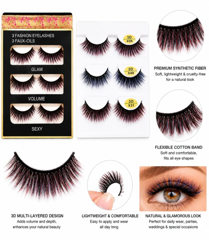 Premium 3 Pairs Colored False Eyelashes – Glam, Volume & Sexy -3