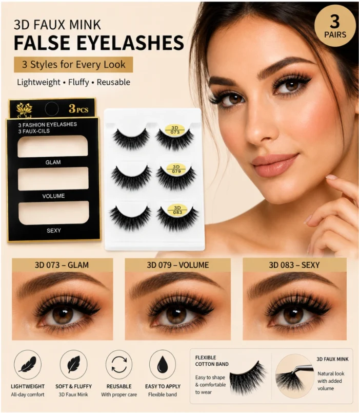3D Faux Mink False Eyelashes – 3 Pairs, 3 Styles -3