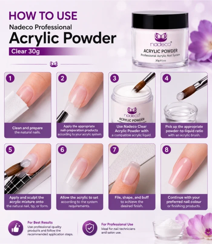 Nadeco Professional Acrylic Powder – Clear 30g - How to Use Nadeco Professional Acrylic Powder – Clear 30g - How to Use