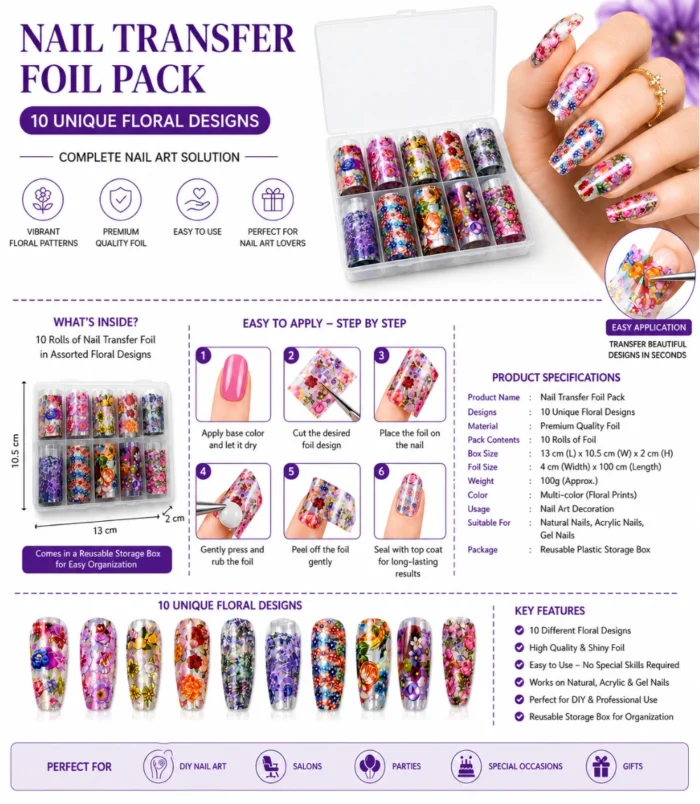 NADECO Floral Nail Art Transfer Foil Set – 10 Assorted Designs -4