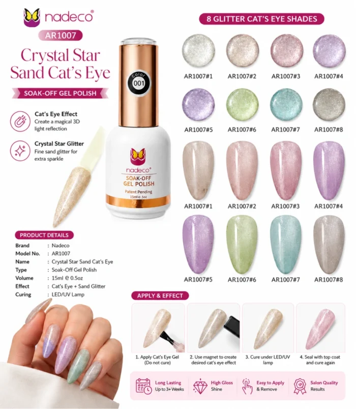 NADECO Crystal Star Sand Cat Eye Gel Nail Polish – Shade 001 - 4 NADECO Crystal Star Sand Cat Eye Gel Nail Polish – Shade 001 - 4