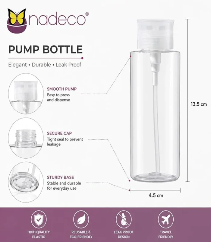 Nadeco Plastic Push Down Empty Lockable Pump Dispenser Bottle for Nail Polish and Makeup Remover, 150ML – Transparent Bottle -3 Nadeco Plastic Push Down Empty Lockable Pump Dispenser Bottle for Nail Polish and Makeup Remover, 150ML – Transparent Bottle -3