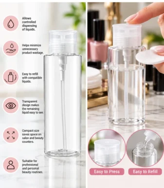 Nadeco Plastic Push Down Empty Lockable Pump Dispenser Bottle for Nail Polish and Makeup Remover, 150ML – Transparent Bottle -2 Nadeco Plastic Push Down Empty Lockable Pump Dispenser Bottle for Nail Polish and Makeup Remover, 150ML – Transparent Bottle -2