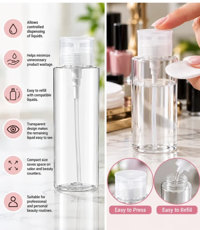 Nadeco Plastic Push Down Empty Lockable Pump Dispenser Bottle for Nail Polish and Makeup Remover, 150ML – Transparent Bottle -2 Nadeco Plastic Push Down Empty Lockable Pump Dispenser Bottle for Nail Polish and Makeup Remover, 150ML – Transparent Bottle -2