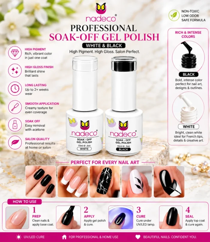 Nadeco Soak-Off Gel Polish – White & Black Combo -3 Nadeco Soak-Off Gel Polish – White & Black Combo -3